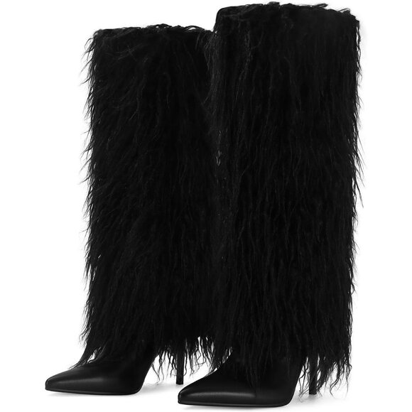 Women's Fur Black Pointed Toe Fold Over Wide Calf Knee High Heel Boots - Picture 4 of 6